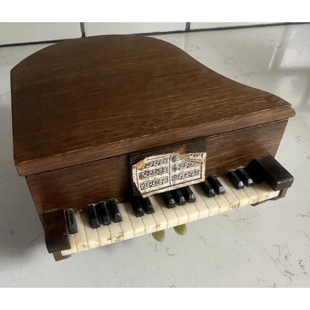 Vintage 1975 Enesco Baby Grand Piano Wooden Coaster Set 6 Cork Coasters
